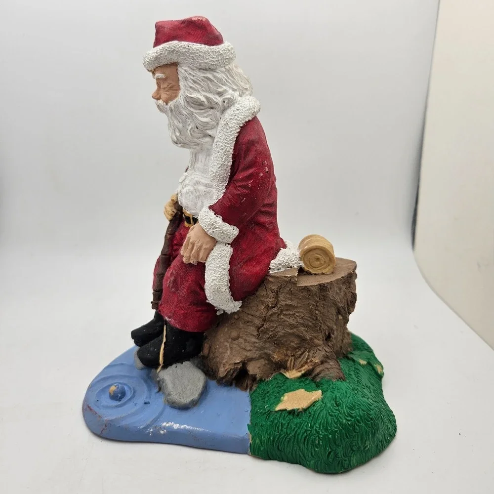 Vintage 1993 Sleeping Santa Claus Figurine Sitting on Tree Stump Creek Fishing